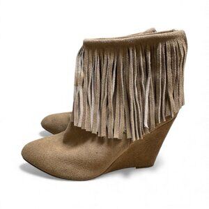 Chinese Laundry Fringe Suede Wedge Boots Tan ARCTIC Size 9.5 Boho Western